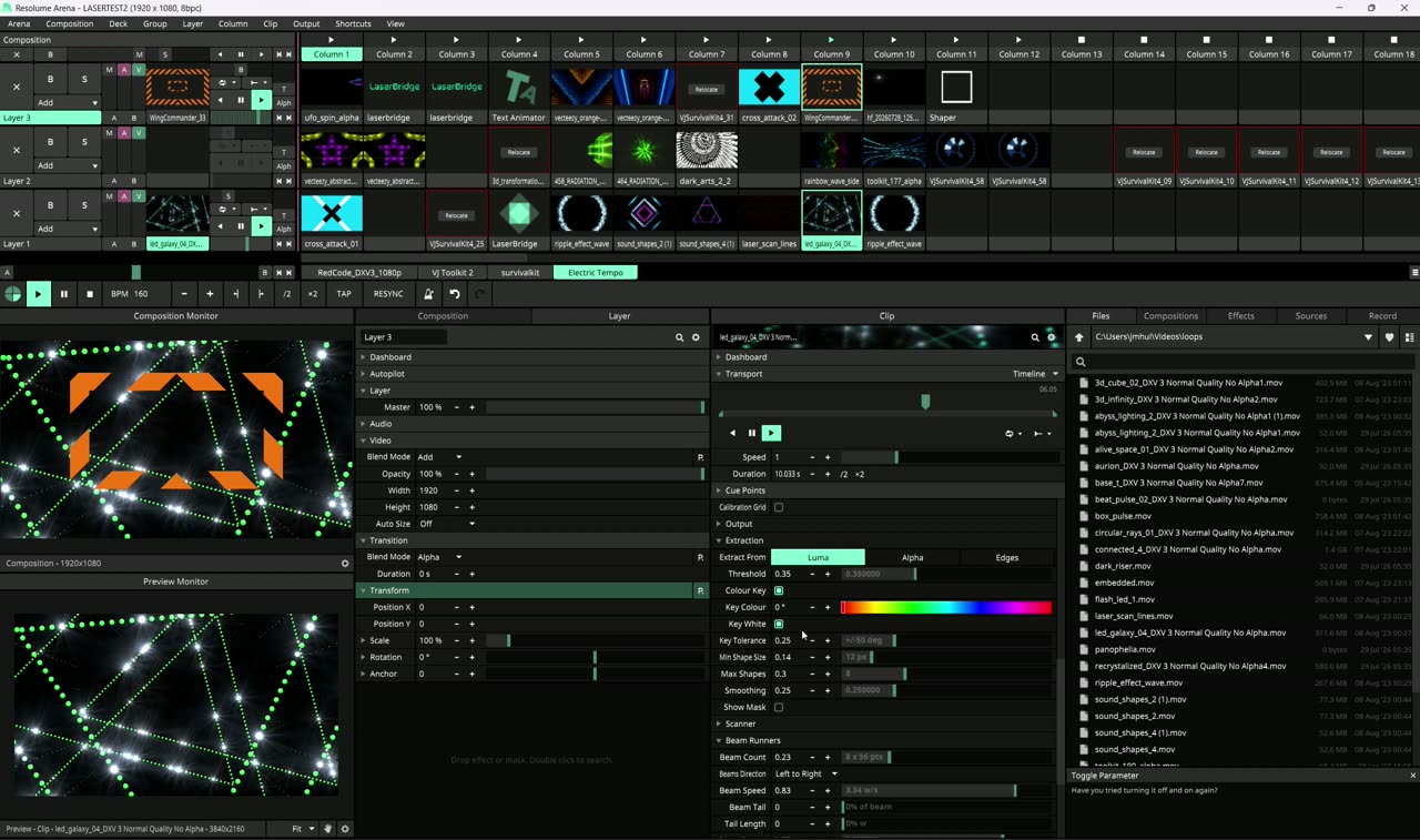 A Resolume Arena session with LaserBridge on clips across the deck