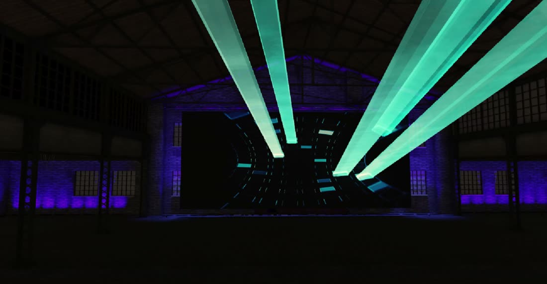 Teal volumetric beams working over animated content