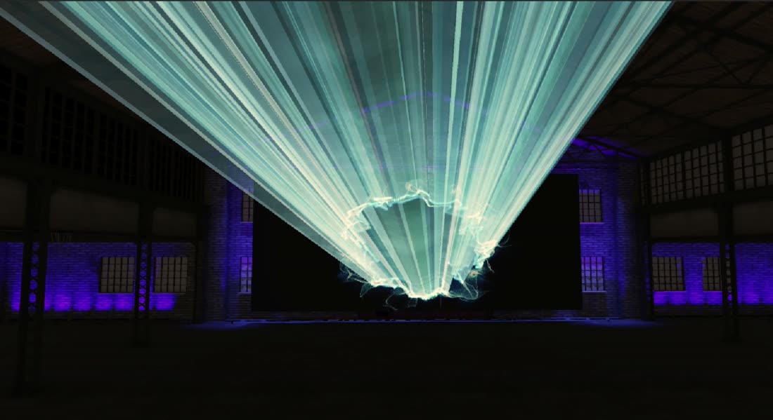A huge white-teal beam fan converging on an electric traced shape